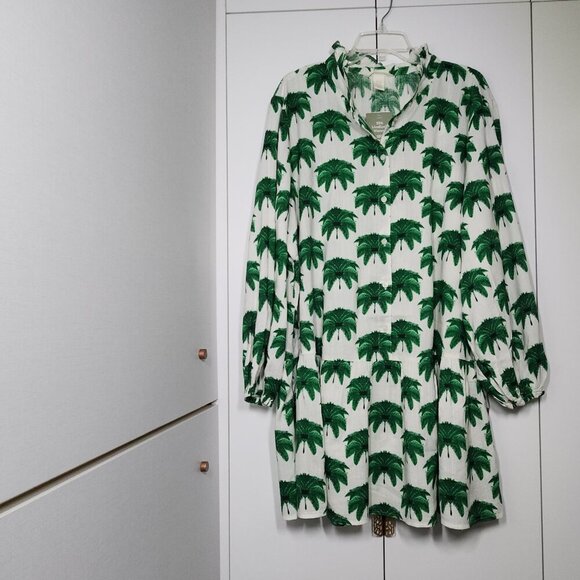 H&M Frilled-Collar Dress Pal Tree Print Size XXL White/Green Cotton/Viscose - Picture 1 of 8